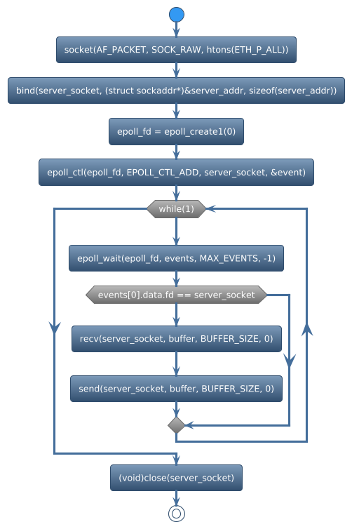@startuml
!theme spacelab
start
:socket(AF_PACKET, SOCK_RAW, htons(ETH_P_ALL));
:bind(server_socket, (struct sockaddr*)&server_addr, sizeof(server_addr));
:epoll_fd = epoll_create1(0);
:epoll_ctl(epoll_fd, EPOLL_CTL_ADD, server_socket, &event);
while (while(1)) is (yes)
:epoll_wait(epoll_fd, events, MAX_EVENTS, -1);
if (events[0].data.fd == server_socket) then (yes)
     :recv(server_socket, buffer, BUFFER_SIZE, 0);
     :send(server_socket, buffer, BUFFER_SIZE, 0);
else (no)
endif
endwhile (CTRL+c)
:(void)close(server_socket);
stop
@enduml