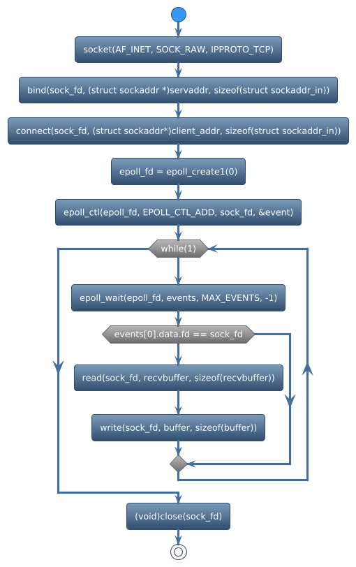 @startuml
!theme spacelab
start
:socket(AF_INET, SOCK_RAW, IPPROTO_TCP);
:bind(sock_fd, (struct sockaddr *)servaddr, sizeof(struct sockaddr_in));
:connect(sock_fd, (struct sockaddr*)client_addr, sizeof(struct sockaddr_in));
:epoll_fd = epoll_create1(0);
:epoll_ctl(epoll_fd, EPOLL_CTL_ADD, sock_fd, &event);
while (while(1)) is (yes)
:epoll_wait(epoll_fd, events, MAX_EVENTS, -1);
if (events[0].data.fd == sock_fd) then (yes)
   :read(sock_fd, recvbuffer, sizeof(recvbuffer));
   :write(sock_fd, buffer, sizeof(buffer));
else (no)
endif
endwhile (CTRL+c)
:(void)close(sock_fd);
stop
@enduml