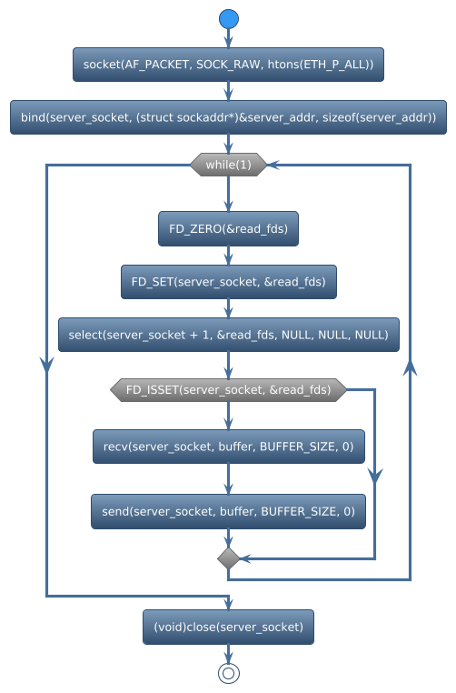 @startuml
!theme spacelab
start
:socket(AF_PACKET, SOCK_RAW, htons(ETH_P_ALL));
:bind(server_socket, (struct sockaddr*)&server_addr, sizeof(server_addr));
while (while(1)) is (yes)
:FD_ZERO(&read_fds);
:FD_SET(server_socket, &read_fds);
:select(server_socket + 1, &read_fds, NULL, NULL, NULL);
if (FD_ISSET(server_socket, &read_fds)) then (yes)
     :recv(server_socket, buffer, BUFFER_SIZE, 0);
     :send(server_socket, buffer, BUFFER_SIZE, 0);
else (no)
endif
endwhile (CTRL+c)
:(void)close(server_socket);
stop
@enduml