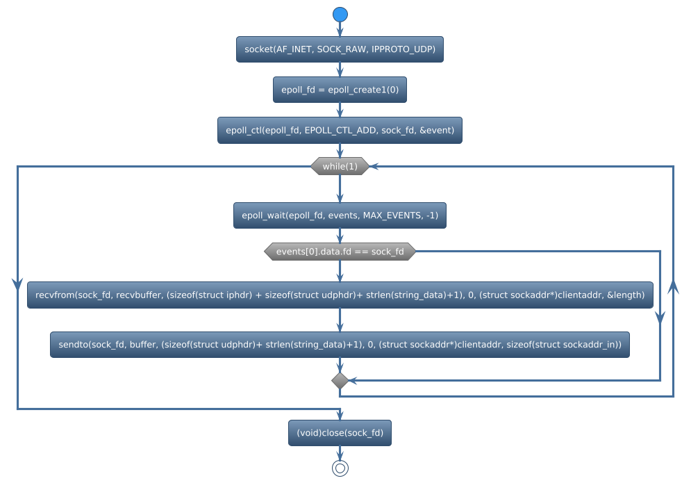 @startuml
!theme spacelab
start
:socket(AF_INET, SOCK_RAW, IPPROTO_UDP);
:epoll_fd = epoll_create1(0);
:epoll_ctl(epoll_fd, EPOLL_CTL_ADD, sock_fd, &event);
while (while(1)) is (yes)
:epoll_wait(epoll_fd, events, MAX_EVENTS, -1);
if (events[0].data.fd == sock_fd) then (yes)
   :recvfrom(sock_fd, recvbuffer, (sizeof(struct iphdr) + sizeof(struct udphdr)+ strlen(string_data)+1), 0, (struct sockaddr*)clientaddr, &length);
   :sendto(sock_fd, buffer, (sizeof(struct udphdr)+ strlen(string_data)+1), 0, (struct sockaddr*)clientaddr, sizeof(struct sockaddr_in));
else (no)
endif
endwhile (CTRL+c)
:(void)close(sock_fd);
stop
@enduml